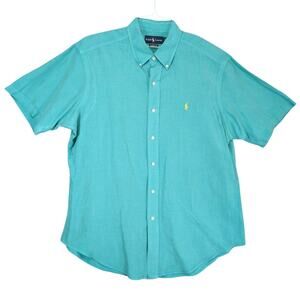 Vtg Ralph Lauren Men's L Teal Linen Silk Button Down Shirt Short Sleeves Pony